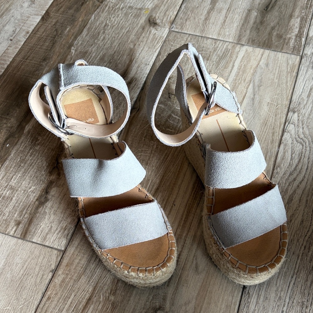 Dolce Vita Light Gray Suede Espadrille Wedge Sandals